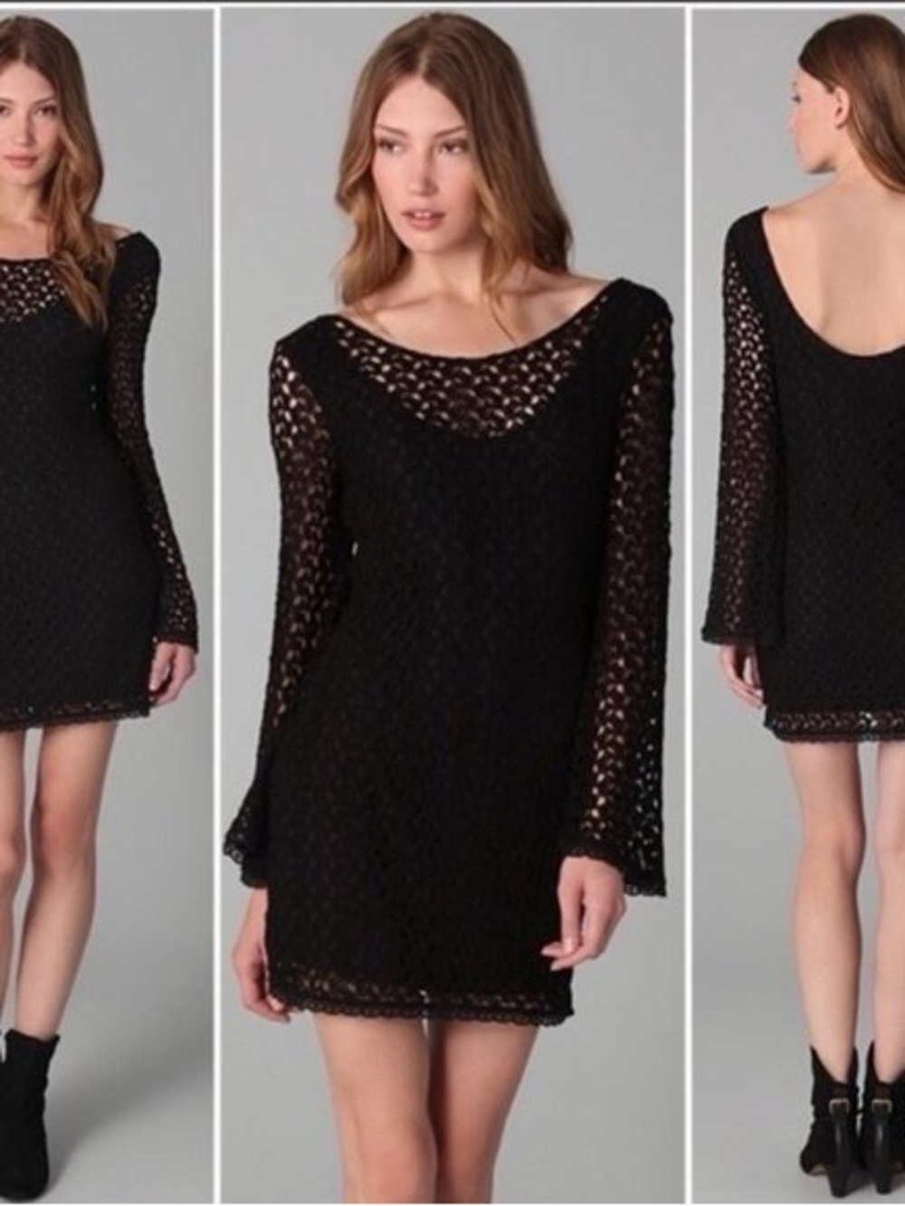 Free People Black Lace Mini Dress Boho Bell Sleeve Crochet Sheer Festival Y2K M